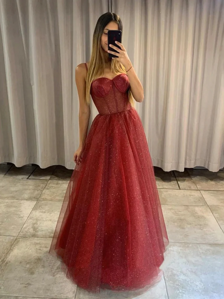Cute tulle long A line prom dress evening dress Burgundy Long Formal Graduation Dresses
