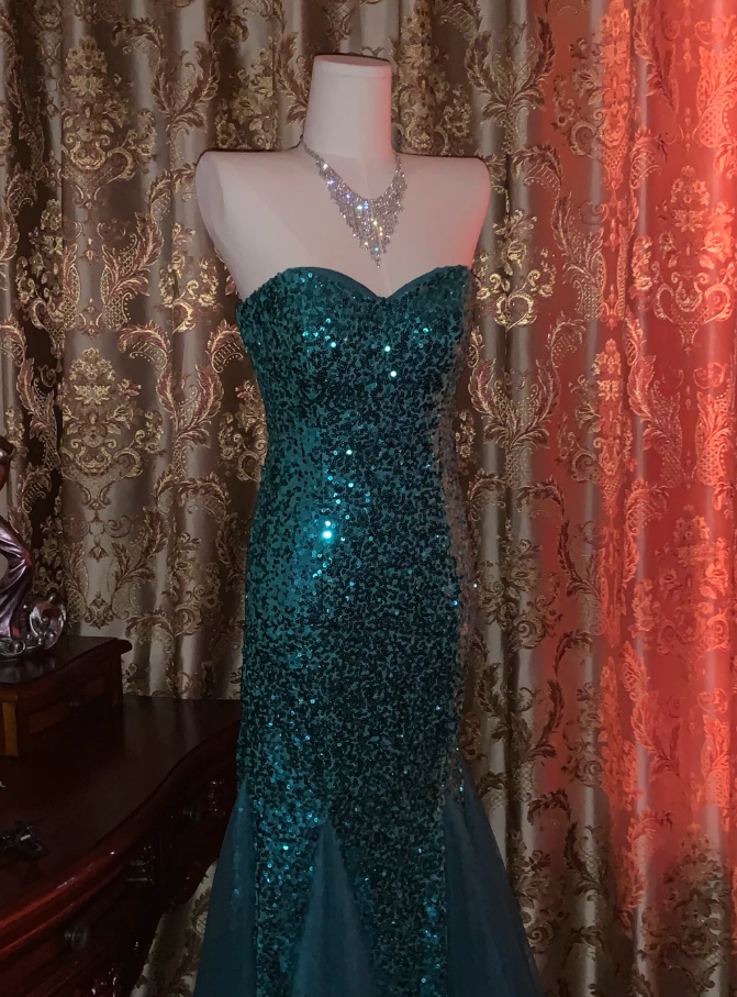 Vintage Strapless Green Tulle Sequin Mermaid Evening Dress Long Wedding Guest Dress Party Gown