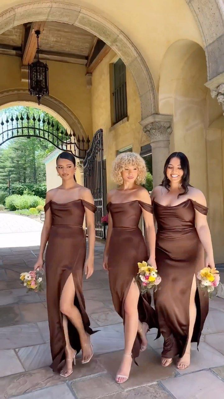 Elegant Brown Off The Shoulder Satin Mermaid Slit Wedding Guest Dress Bridesmaid Dress