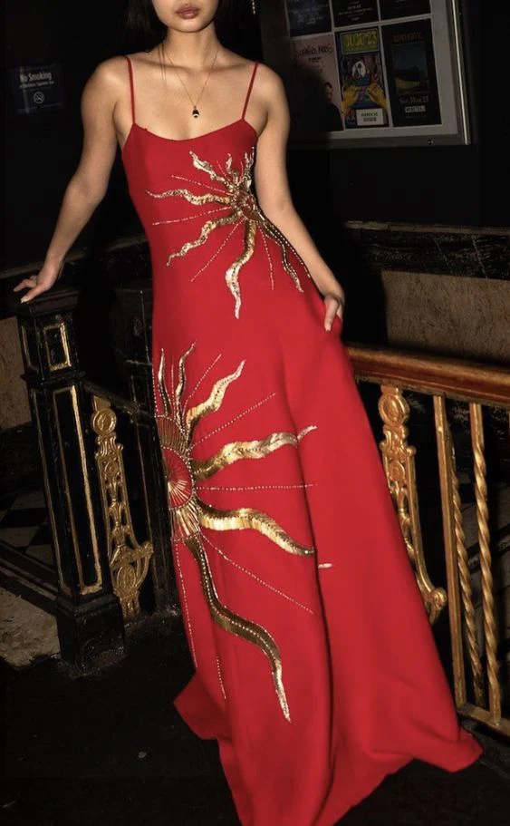Gorgeous Red Satin Gold Sequins Prom EVening Dress,Formal Party Gown