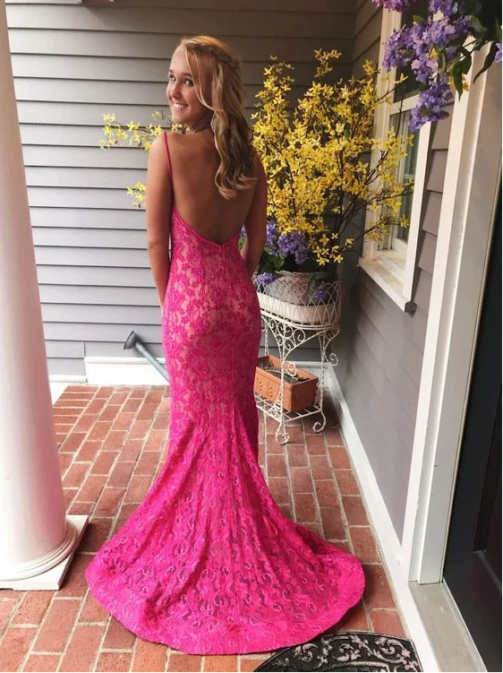 Pink Lace Prom Dresses,Mermaid Long Prom Dresses, Pretty Prom Dresses