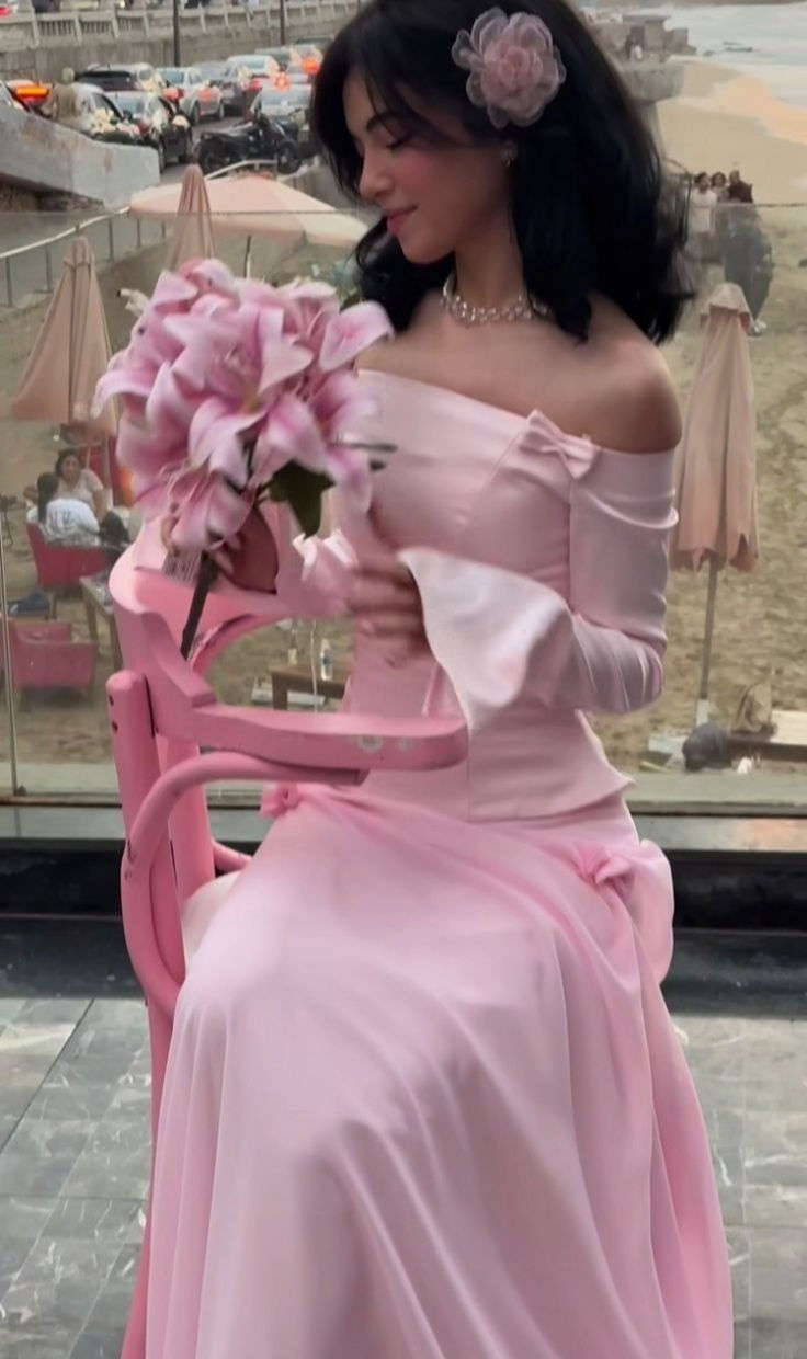 Sweet Two Piece Off The Shoulder Pink Satin Chiffon Mermaid Prom Dress Formal Party Dress