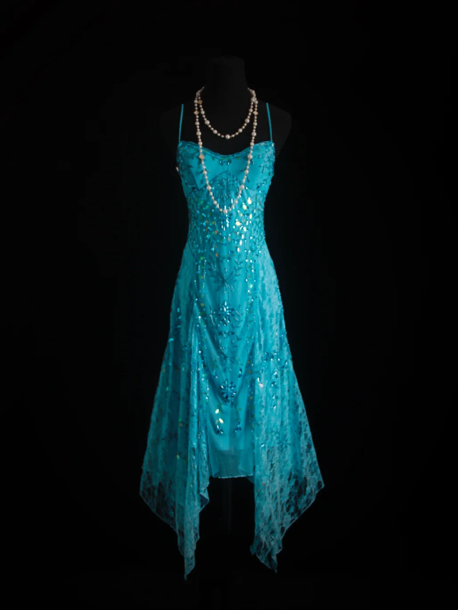 Sparkly Spaghetti Straps Blue Lace Beaded Mermaid Long Party Dress Birthday Prom Dresses