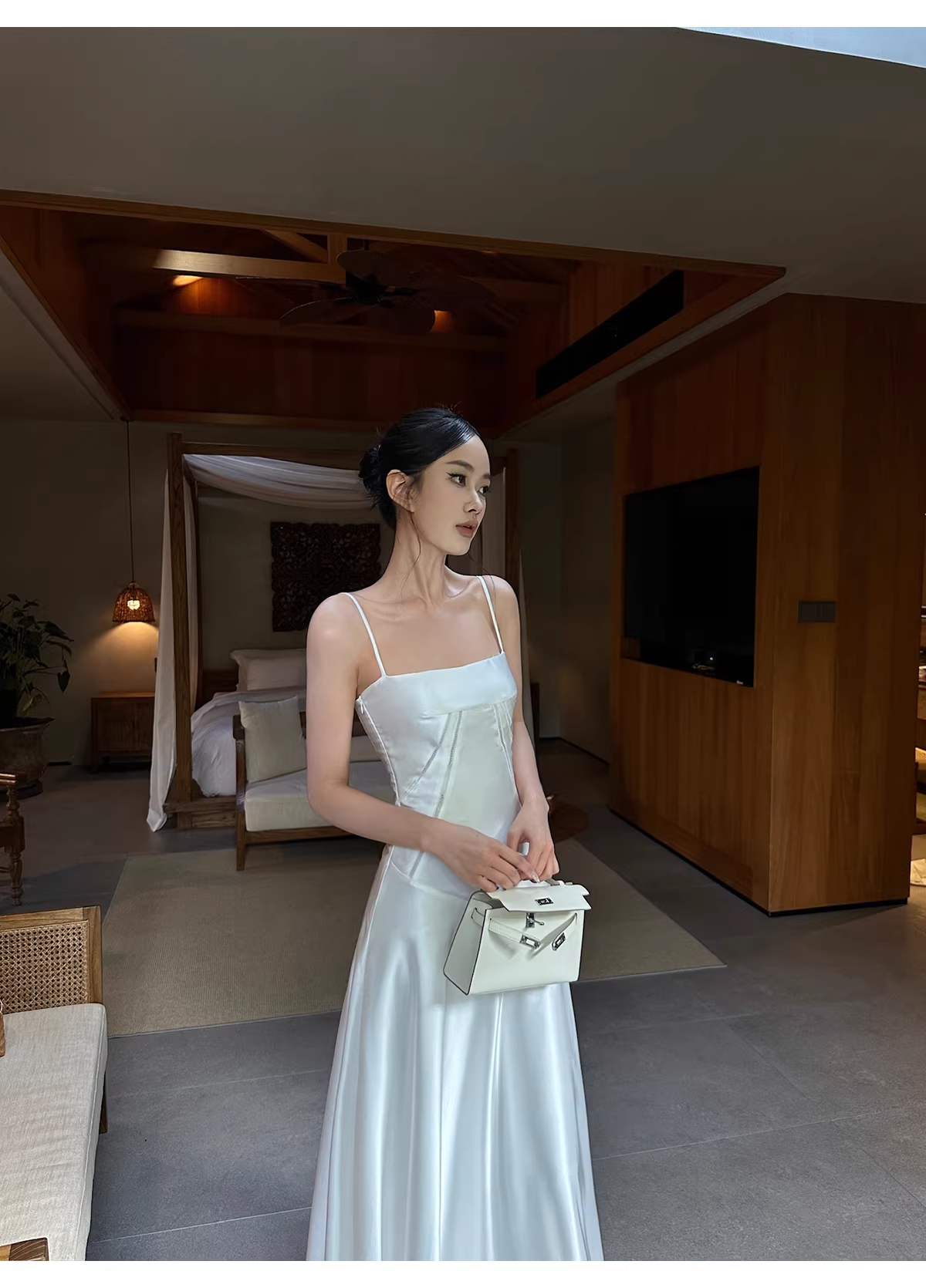 Classy Spaghetti Straps White Satin A Line Long Birthday Evening Dress Formal Wedding Guest Dress