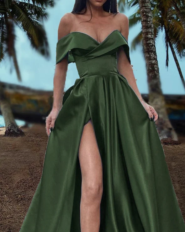 Olive Green Off The Shoulder Satin Split Prom Dresses