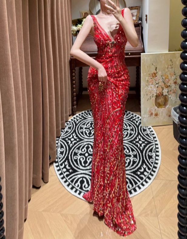 Charming Red V Neck Sequin Beaded Mermaid Long Party Dress Evening Dress