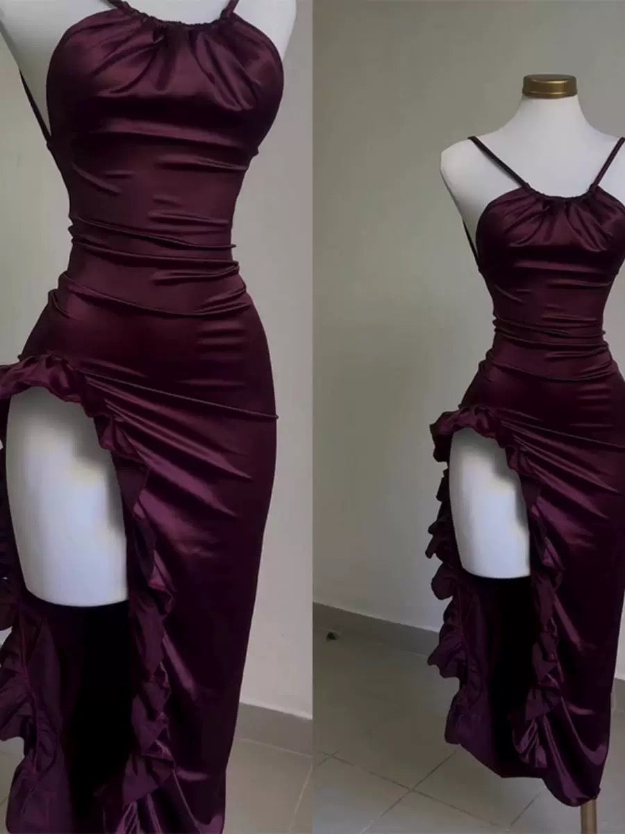Vintage Mermaid Spaghetti Straps Custom Silk Satin Blue Long Prom Dresses