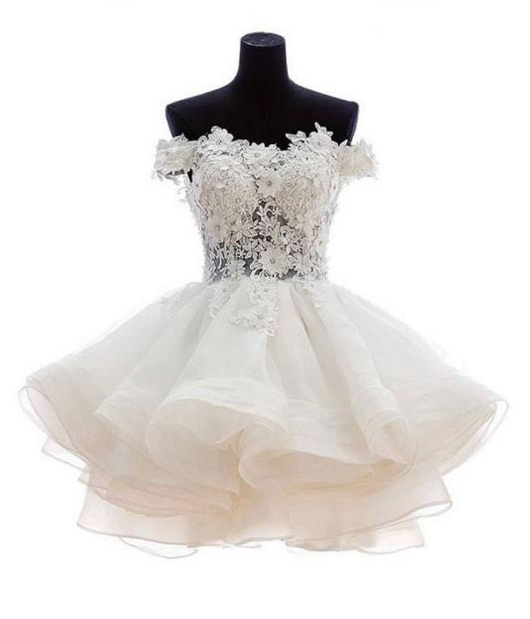 White sweetheart lace applique short cute white homecoming dress Off Shoulder Organza Short Lace Applique Teen Formal Dress