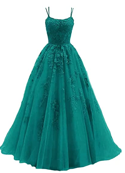 Green spaghetti strap prom dress, long tulle lace appliquéd women's party dress