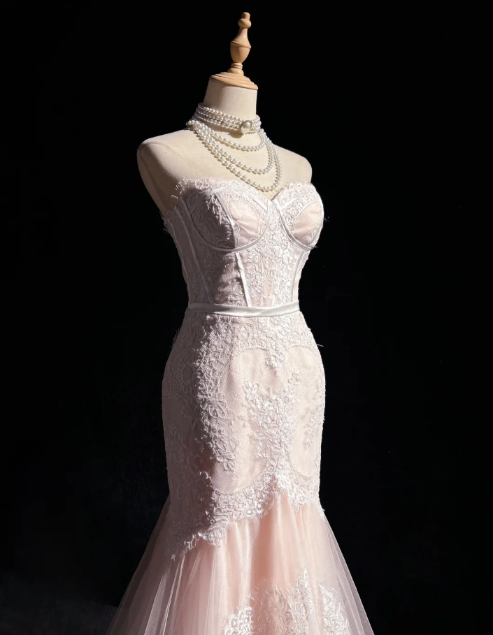Pretty Strapless Light Pink Tulle Lace Appliques Mermaid Long Evening Dress Formal Wedding Guest Dress