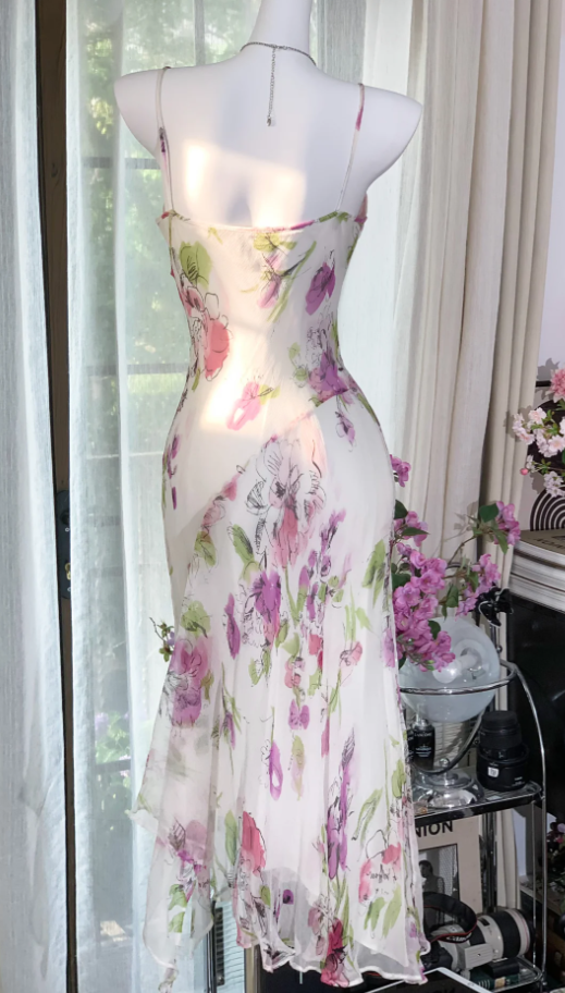 Pretty Spaghetti Straps Chiffon Print Floral Mermaid Evening Dress Long Party Dress