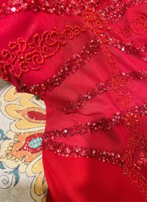 Charming Red Spaghetti Straps Chiffon Sequin Beaded Mermaid Evening Dress Long Wedding Guesrt Dress