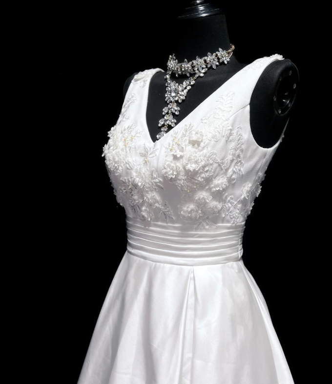 Classy V Neck White Satin Appliques Long Wedding Dress Formal Bridal Dress