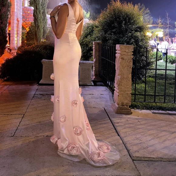 Pretty Pink Satin 3D Rose Flowers Mermaid Party Dress Long Evening Gown