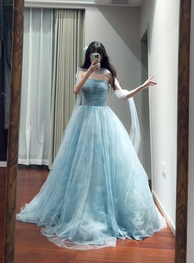 Classy Blue Strapless Tulle Beaded Long Party Dress Birthday Prom Dresses