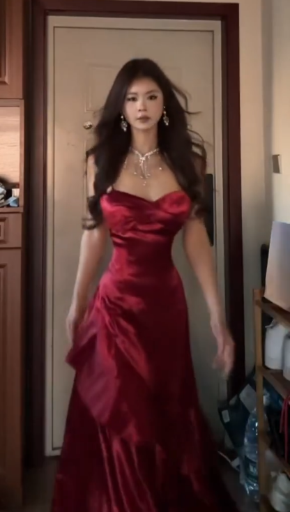 Elegant Spaghetti Straps Burgundy Satin Layered Mermaid Evening Dress Long Wedding Guest Dress