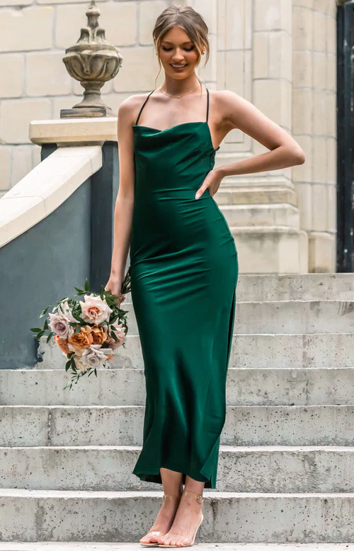 Emerald Green Cowl Neck Satin Simple Prom Dress Backless Bridesmaid Dress