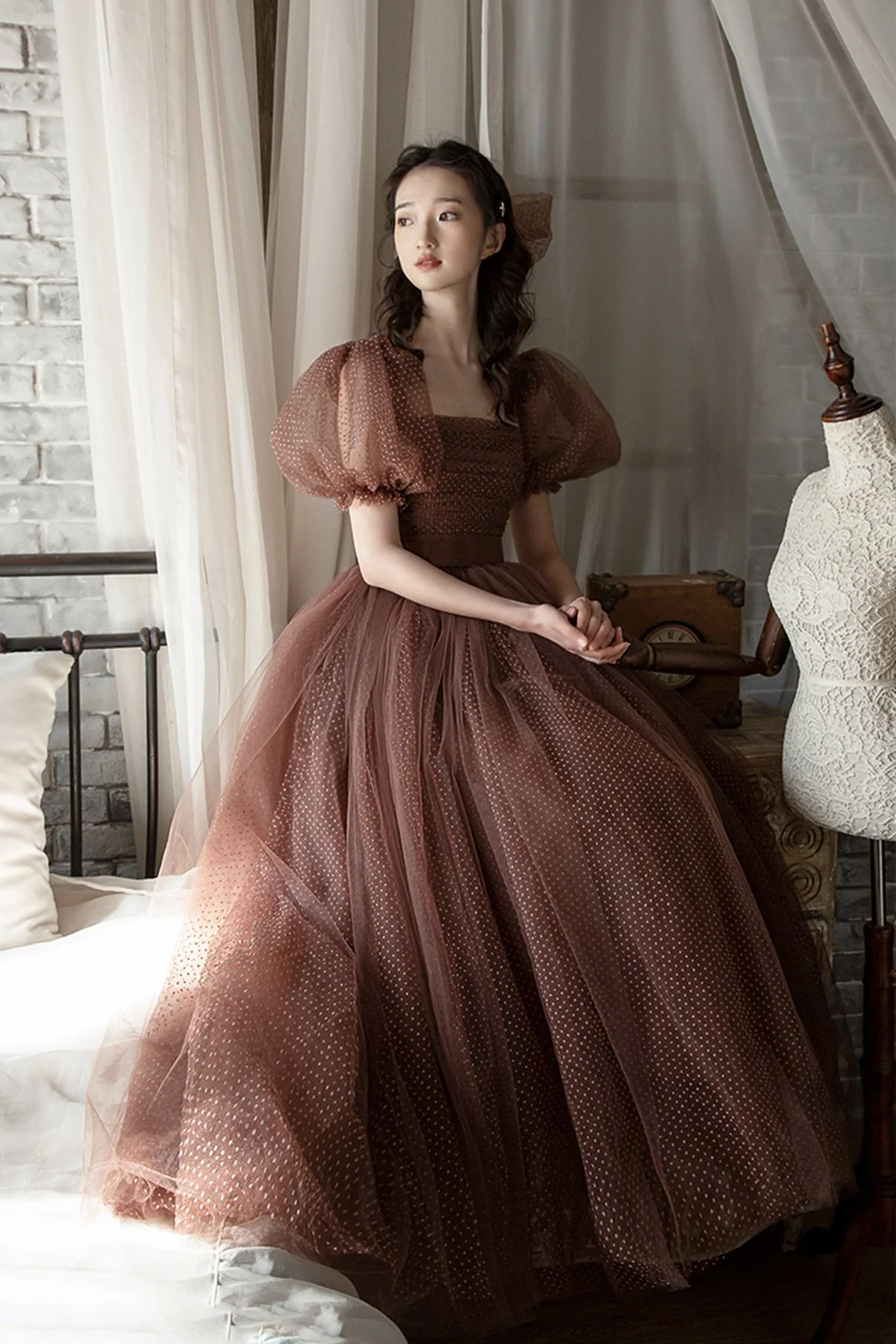 Cute tulle long A line prom dress evening dress