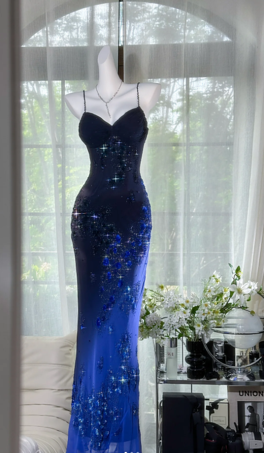 Gorgeous Spaghetti Straps Ombre Navy Blue Beaded Appliques Mermaid Evening Dress Party Dress