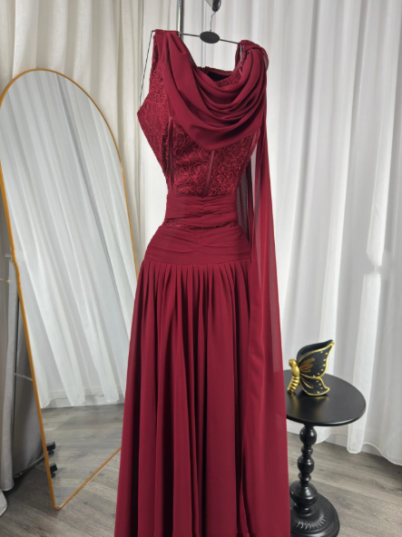 Classy Burgundy Chiffon Slit Mermaid Long Wedding Guest Dress Birthday Evening Dress