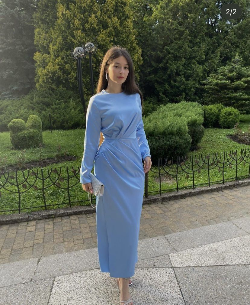 Modest Blue Column Prom Dress with Long Sleeves