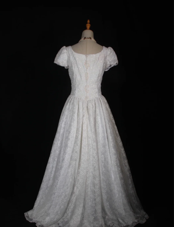 Pretty White Satin Beaded Floral Lace Ball Gown Formal Long Wedding Dress