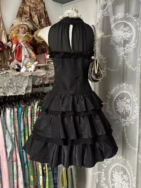 Black Vintage Halter Neck A Line Layered Mini Party Dress 6th Grade Homecoming Dress