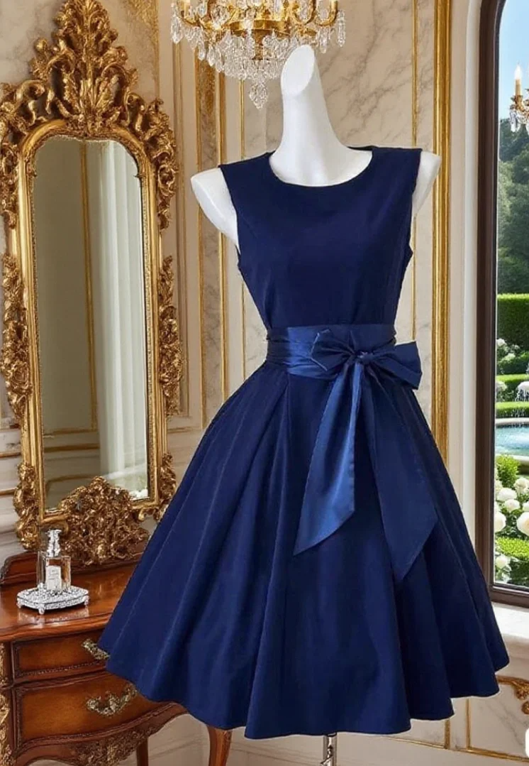 Vintage Navy Blue Satin A Line Short Party Dress Formal Graduation Homecoming Dress