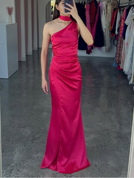 Gorgeous Hot Pink One Shoulder Satin Long Prom Dress,Mermaid Party Evening Dress