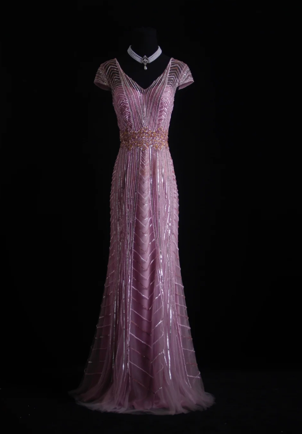 Gorgeous Pink V Neck Tulle Sequin Beaded Mermaid Evening Dress Prom Gown