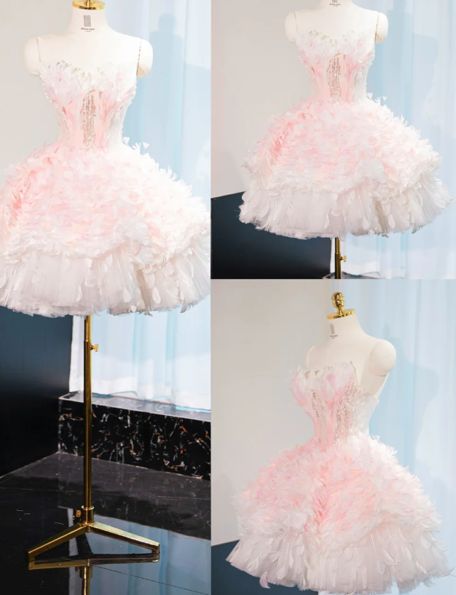 Sweet Pink Princess Tulle Feathers Short Birthday Dress Homecoming Dress