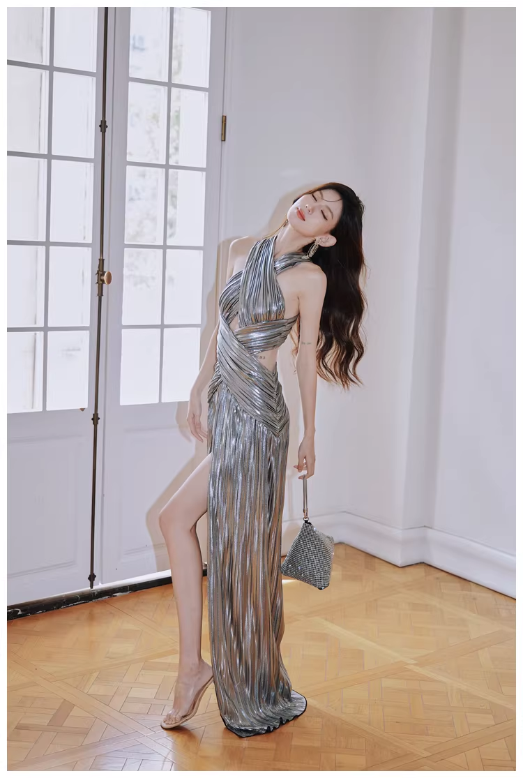 Fashion Silver Gray Satin Pleated High Slit Long Evening Dress Sexy Prom Dress