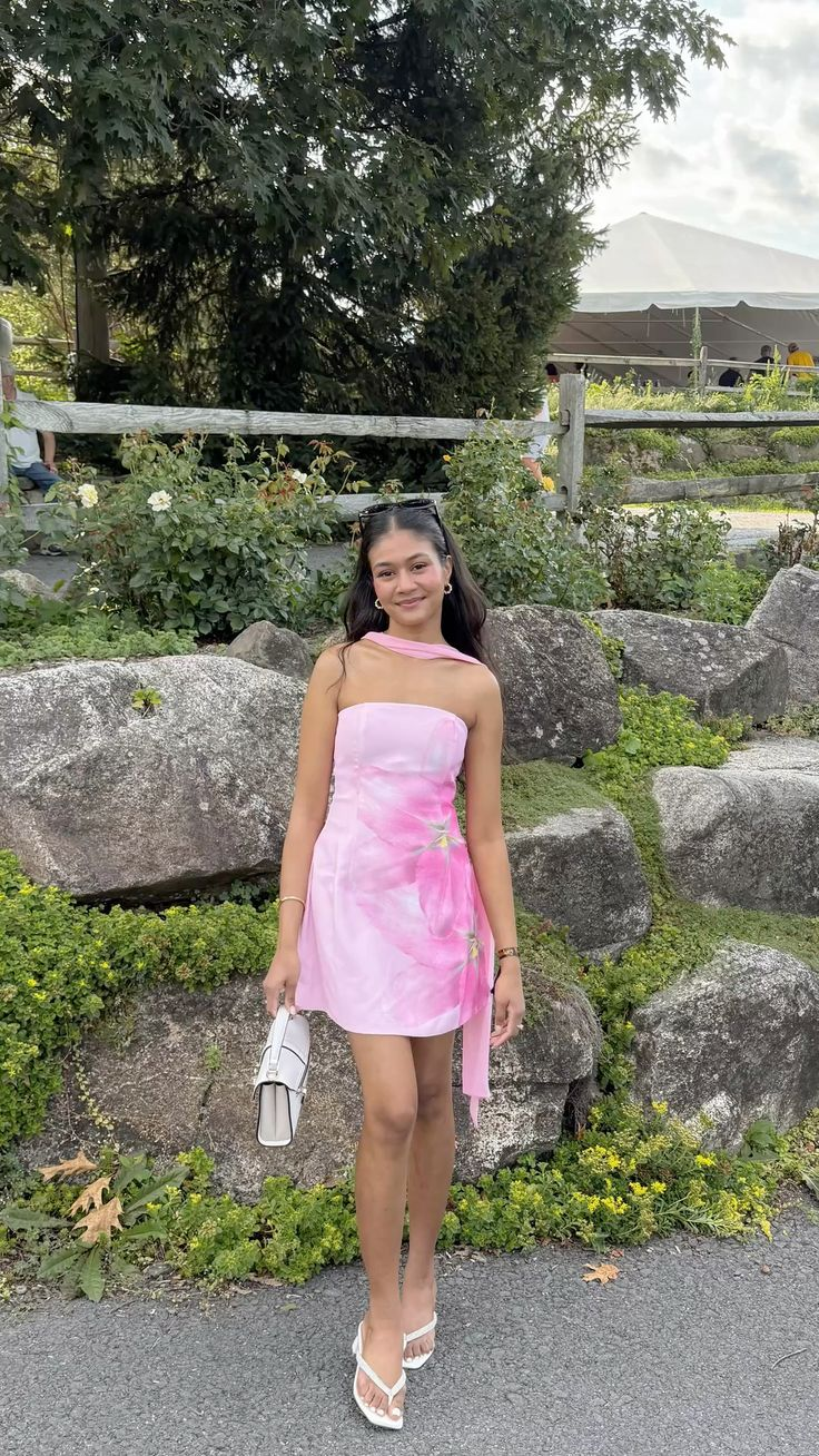 Classy Pink Strapless Satin Printed Floral Short Party Dress Formal Birthday Dress Homecoming Dress With Ribbon