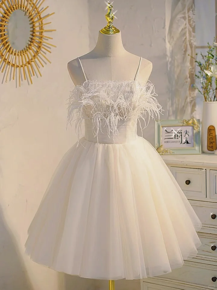 Sweet Spaghetti Straps White Tulle Feathers 19th Birthday Dress Formal Homecoming Dress