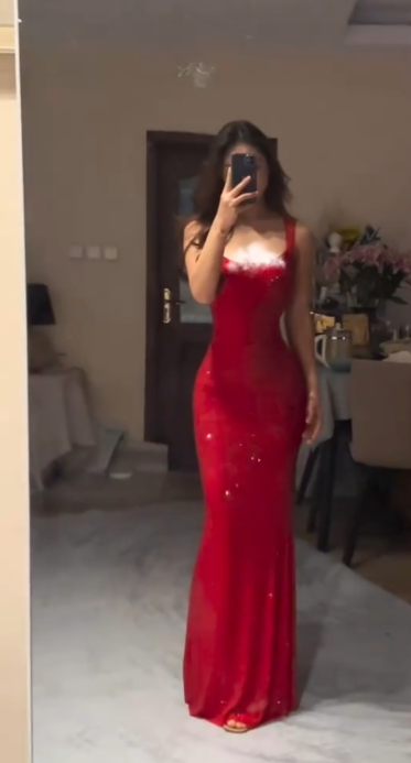 Shiny Red Spaghetti Straps Satin Sequin Mermaid Evening Dress Long Wedding Guest Dress