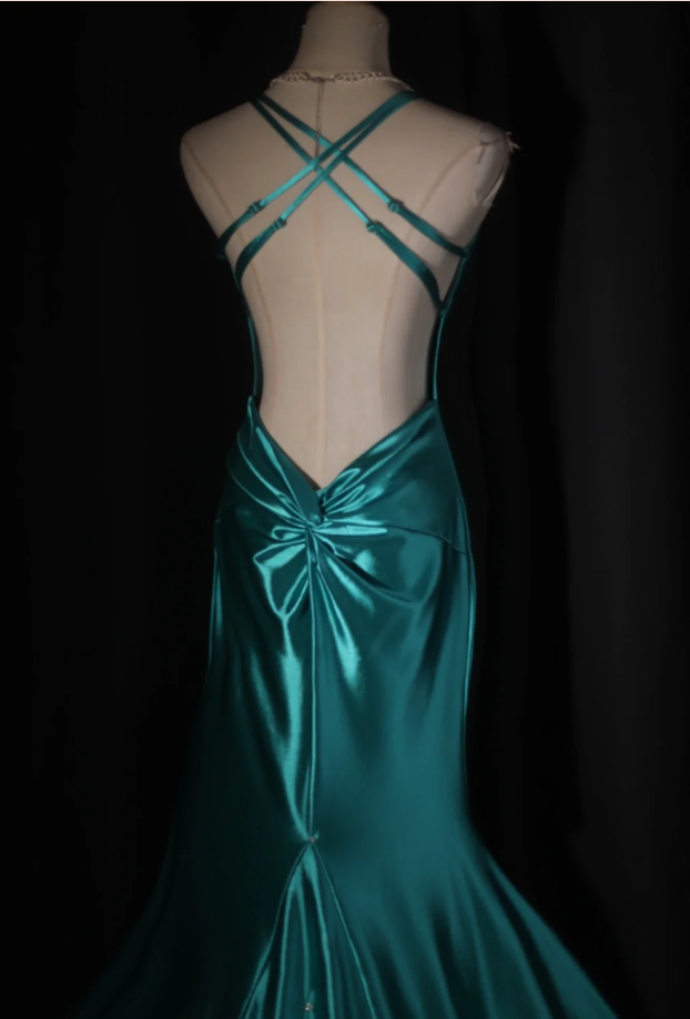 Sexy Green V Neck Satin Mermaid Long Party Dress Backless Wedding Guest Dress