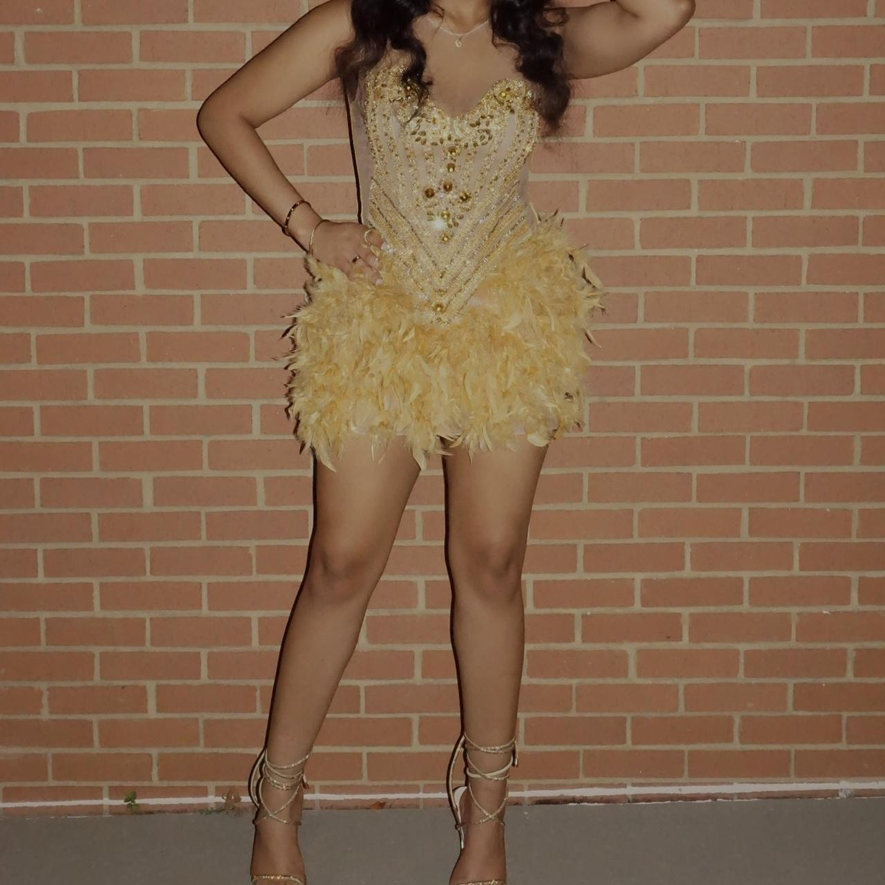 Gorgeous Gold Sequin Beaded Feathers Sheath Cocktail Dress 8th Grade Homecoming Dress