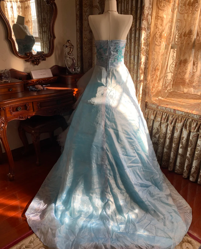 Elegant Blue Strapless Tulle Satin Appliques Long Party Dress Birthday Prom Gown