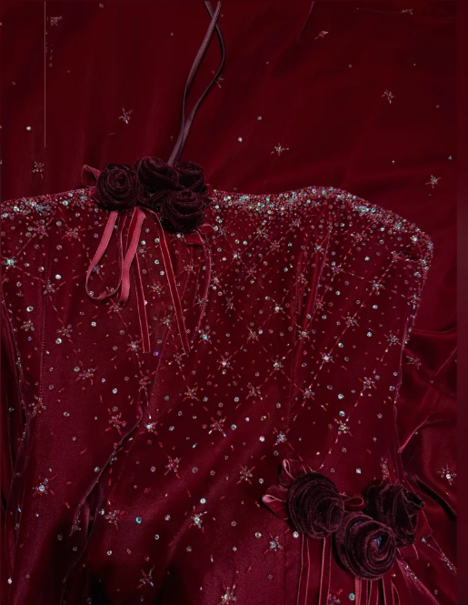 Pretty Burgundy Strapless Velvet Beaded Long Birthday Party Dress Evening Dress