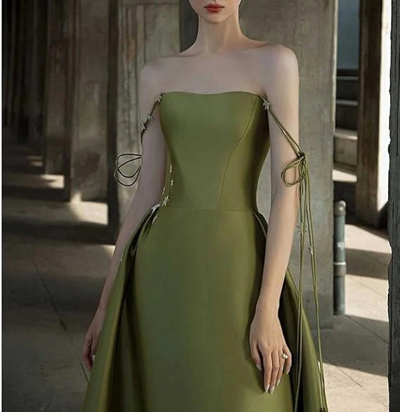 Simple A Line Green Satin Prom Dress Spaghetti Straps Long Party Evening Dress