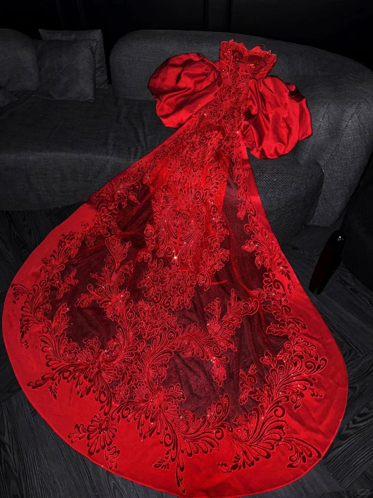 Gorgeous Off The Shoulder Red Satin Lace Appliques Mermaid Evening Dress Long Prom Dress