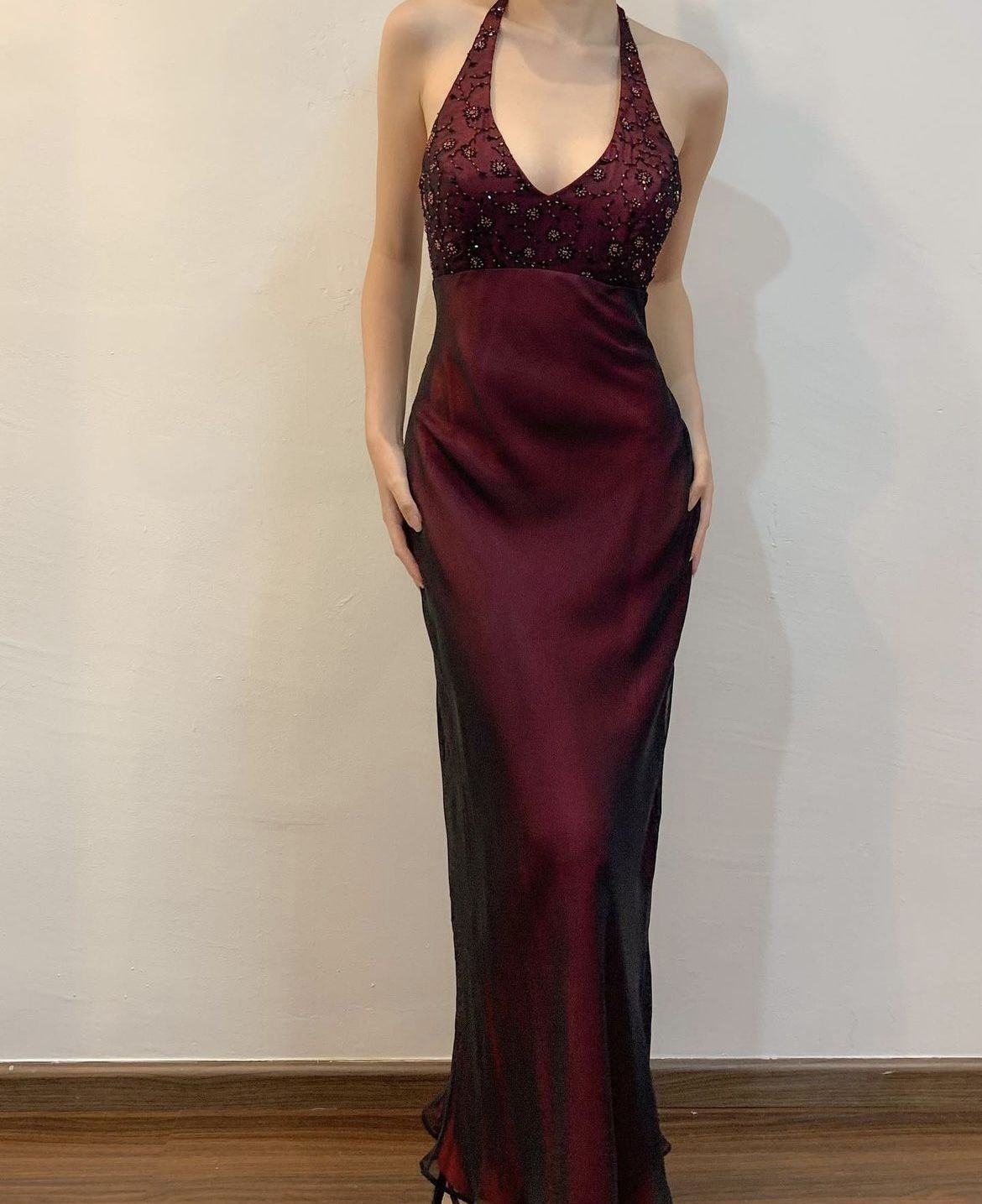 Stylish Halter V Neck Burgundy Long Party Dress Mermaid Evening Gown