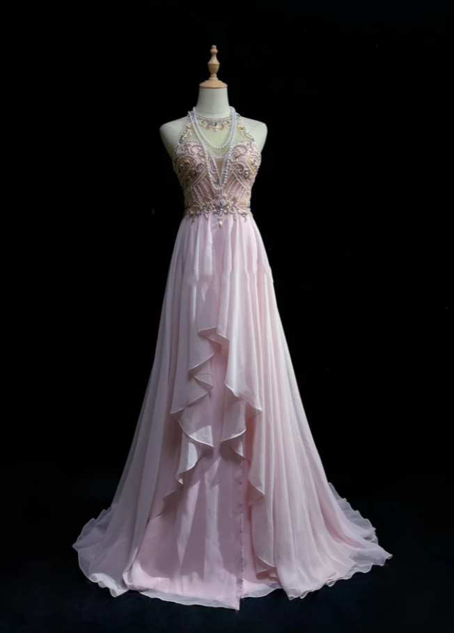 Classy Halter Chiffon Beaded Mermaid Formal Wedding Guest Dress Pink Long Evening Dress Party Dress