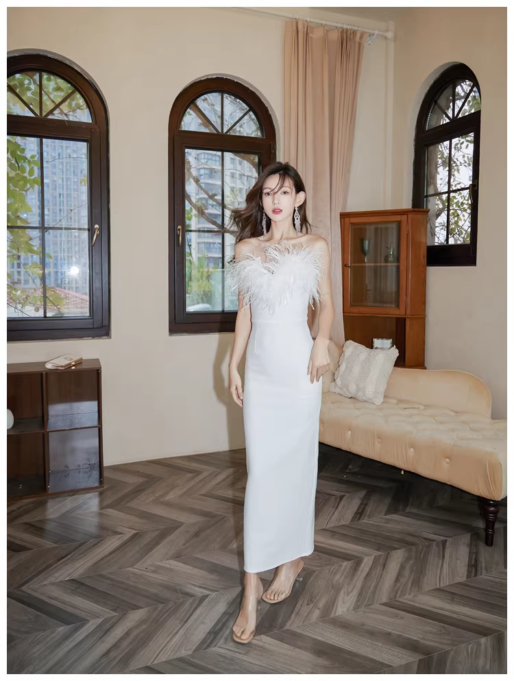 Chic Feathers Strapless White Satin Sheath Long Prom Dress Evening Dresses