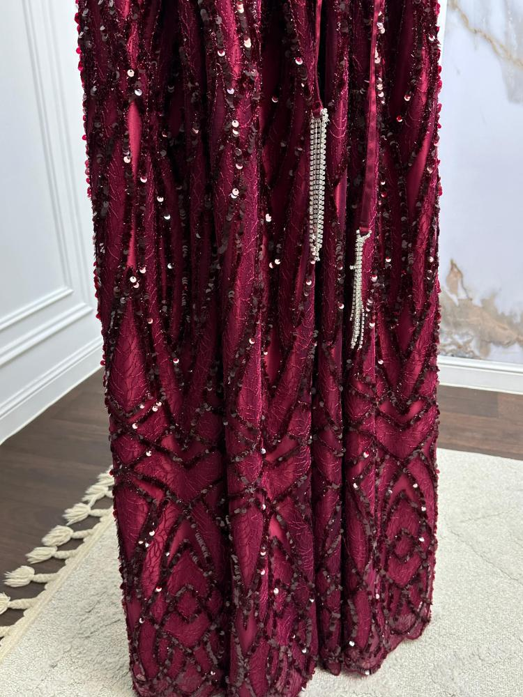 Vintage Burgundy Satin Sequin Evening Dress Formal Prom Dress