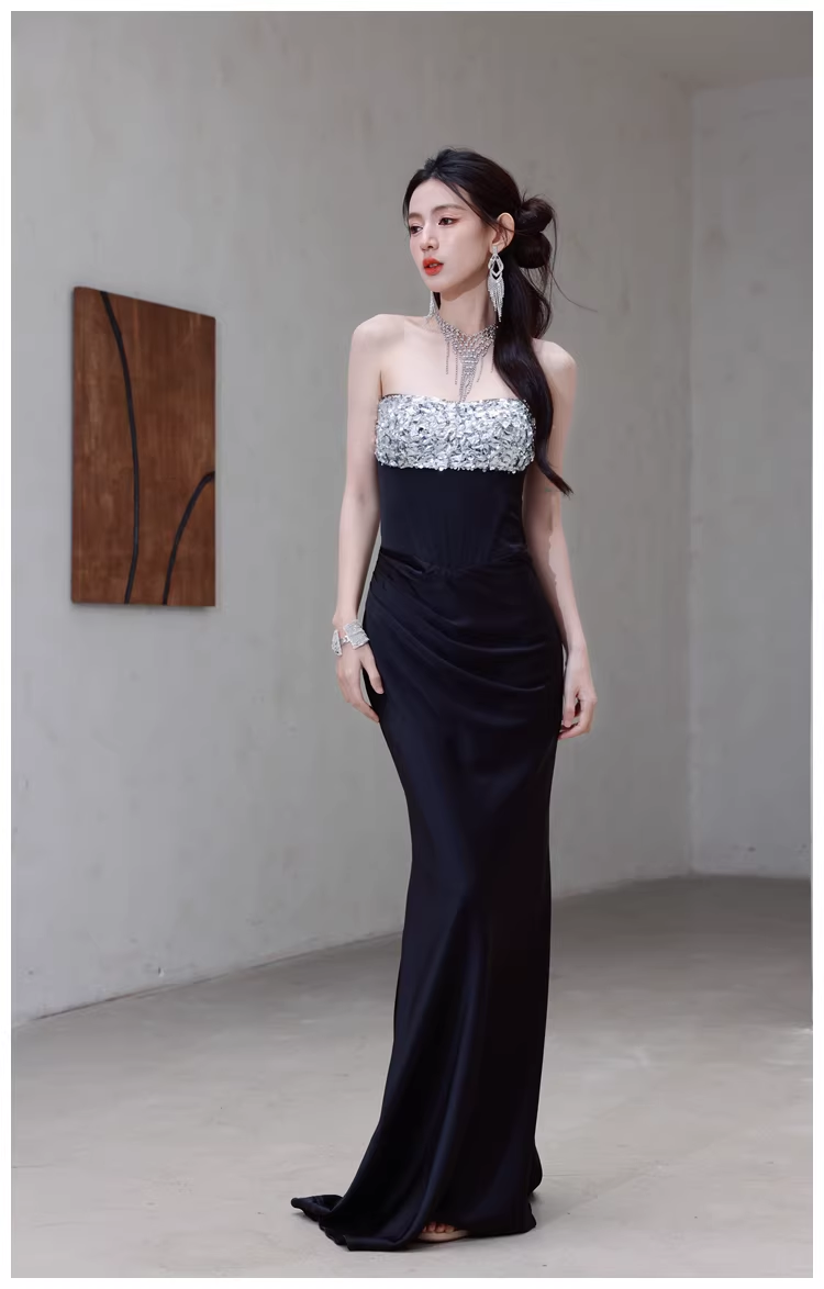 Fashion Black Strapless Satin Sequin Beaded Mermaid Evening Dress Long Wedding Guest Dress