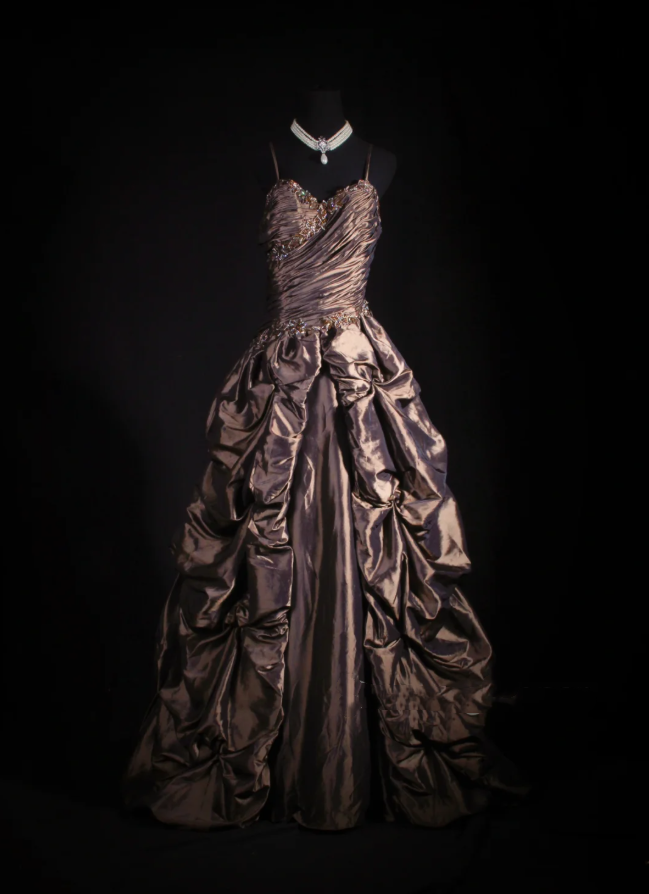 Retro Spaghetti Straps Brown Satin Pleated Beaded Long Party Dress Birthday Dress