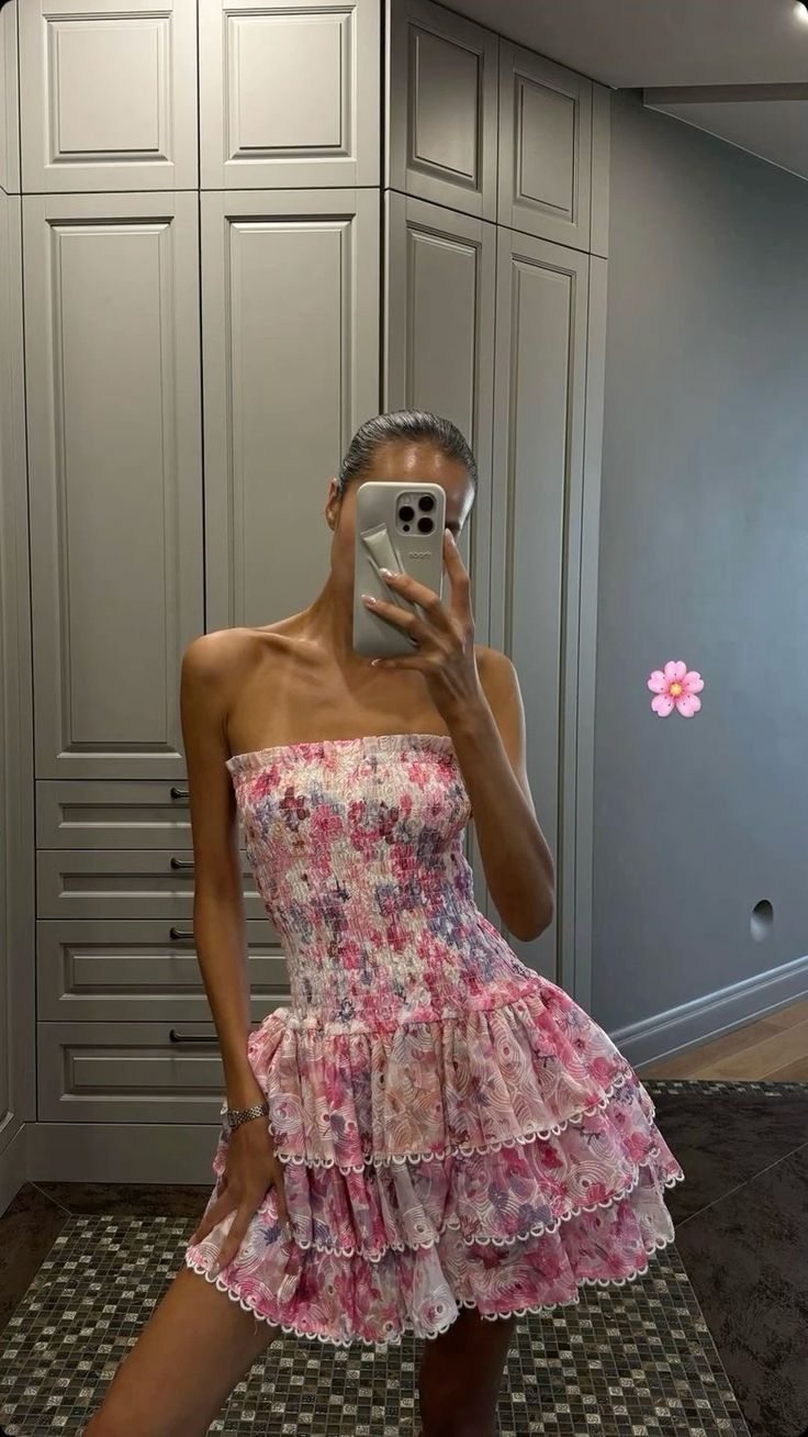 Beautiful Pink Print Floral A Line Birthday Outfits Strapless Homecoming Dress