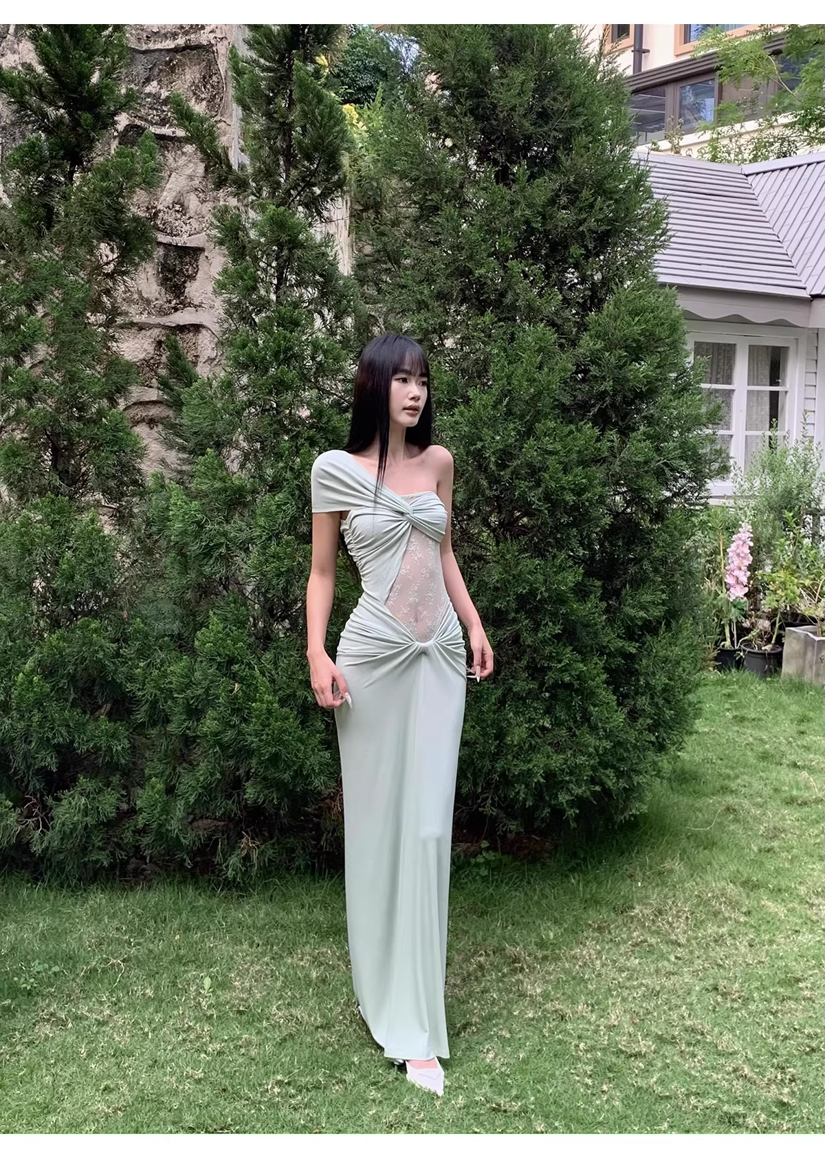 Elegant Pea Green Shoulder Satin Lace Mermaid Long Wedding Guest Dress Formal Evening Dress Prom Dress