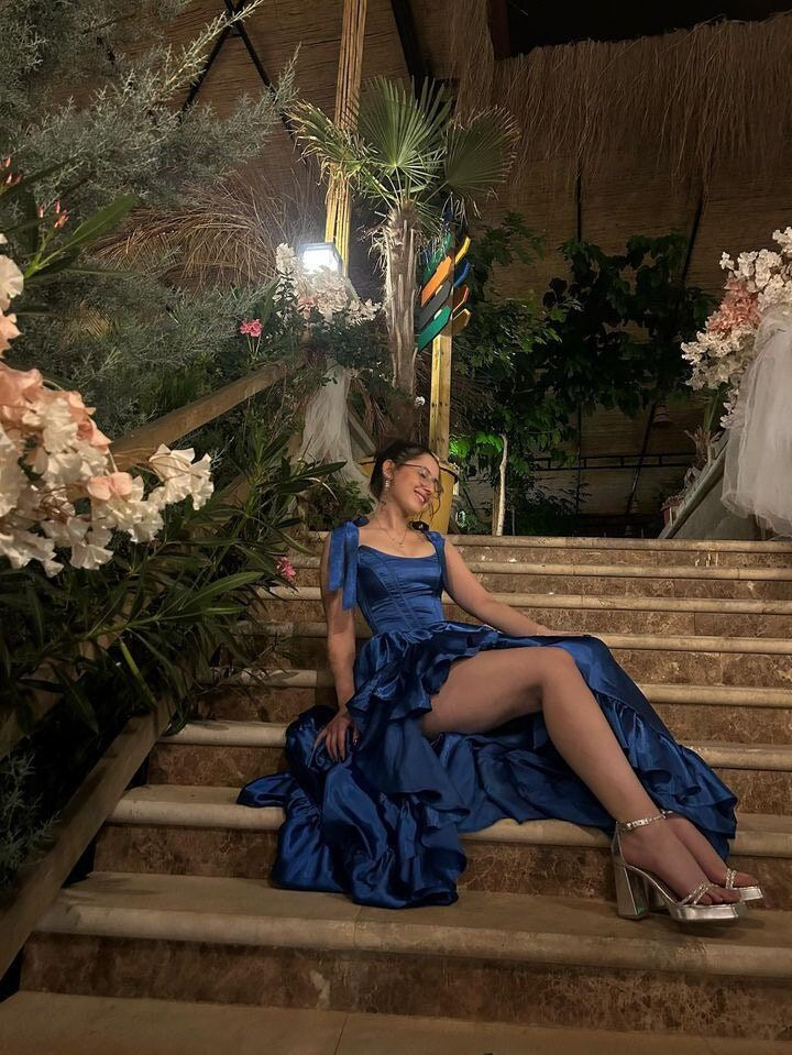 Elegant Blue Slit Ruffles Party Dress A Line Prom Evening Gown